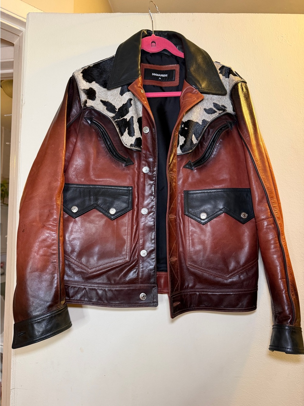 DSQUARED2 Brown Leather Bomber Jacket with Black Trim and Cowhide Yoke